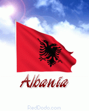 Realistic-animated-waving-Albania-flag-in-sky-with-sun-and-cloud.gif
