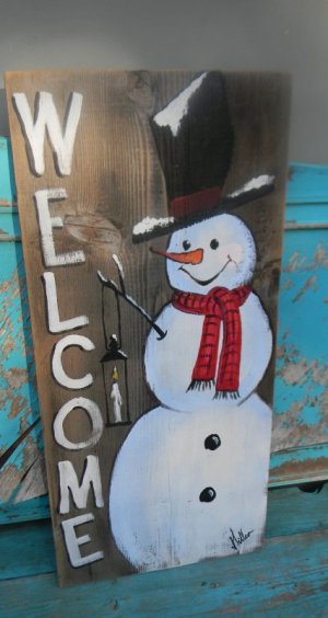 Snowman welcome wood sign hand painted front porch decor Christmas art Bill Miller of Miller'...jpeg
