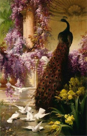 eugene bidau a peacock and doves in a garden 4 t.jpg