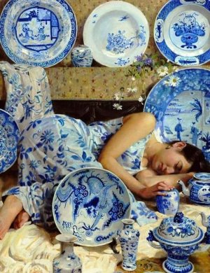huang zhong yang woman in blue among chinese porcelain.jpg