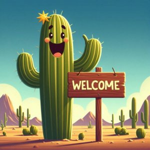 tall saguaro cactus waving hello and holding a welcome sign.jpeg