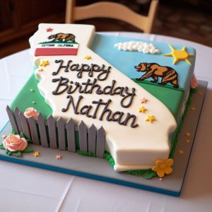 Cake shaped like the state of California that has Happy Birthday Nathan written on it. .jpeg