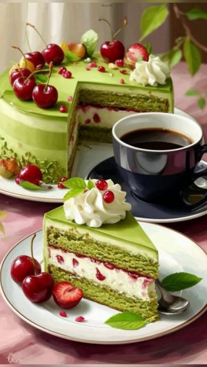 a coffee and greeen cake.jpg