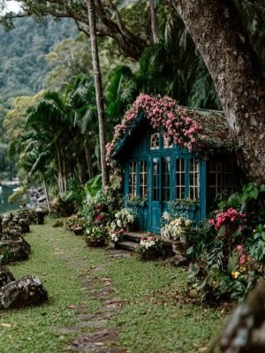 a green tiny house pink flowers.jpg