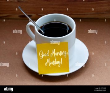 morning-greetings-text-on-yellow-notepad-on-coffee-cup-good-morning-monday-2PRA38G.jpg
