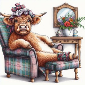 A drawing of a female highland cow relaxing in a recliner, with her feet up.  She is wearing ...jpeg
