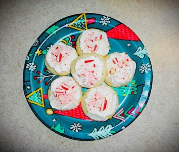 Cornstarch Butter Cookies frosted and topped with crushed peppermint candy_.JPG