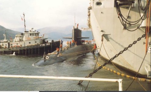 SSBN Sub Kamehameha in Holy Lock Scotland docked with Hunley Tender.JPG