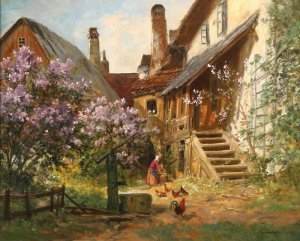 Alois Arnegger Idyllic Spring Farmyard Scene with Lilacs.jpg