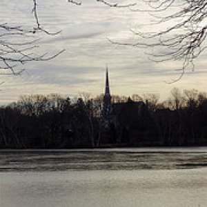 steeple with winter trees
