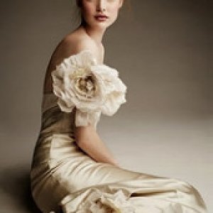 a beautiful brunette with satin flower gown SM