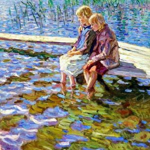 a a a nikolay bogdanov belsky 1868 1945 two girls on a footbridge oil on c