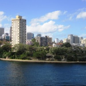 Goat Island (?) one of the many small islands in the Harbour with Blues Point Tower in the background