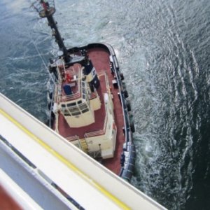 Tug boat pushing cruise ship into the channel. A Herculean effort ?