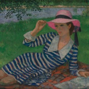 0 0 0 0 0 a a b b francois gall french girl with a pink hat and striped dress 1912   1987