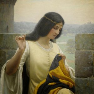 stitching the standard edmund blair leighton 1852 1922