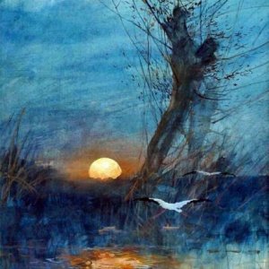setting sun with storks 1917 maurince hagemans.jpg