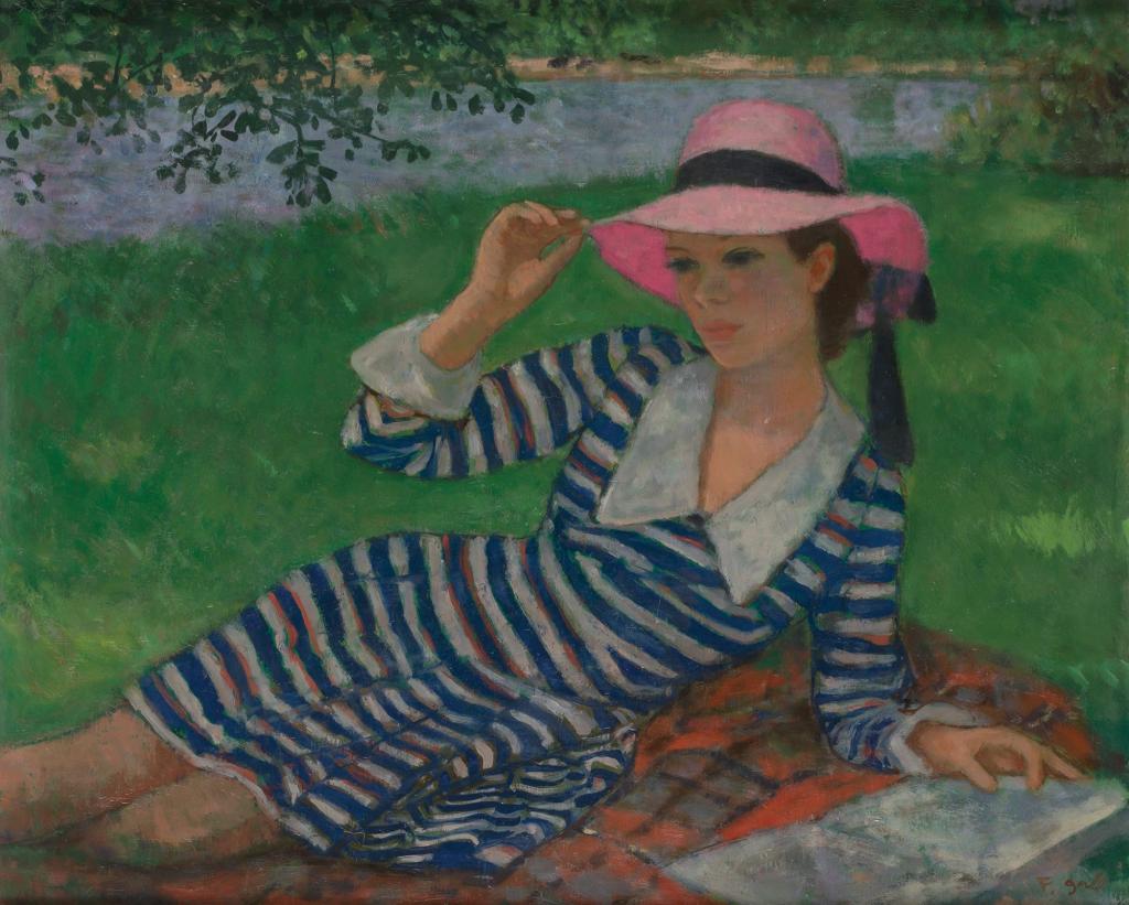0 0 0 0 0 a a b b francois gall french girl with a pink hat and striped dress 1912   1987