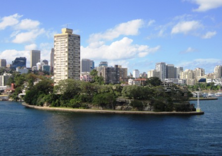 Goat Island (?) one of the many small islands in the Harbour with Blues Point Tower in the background