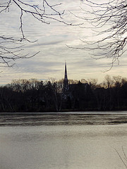 steeple with winter trees